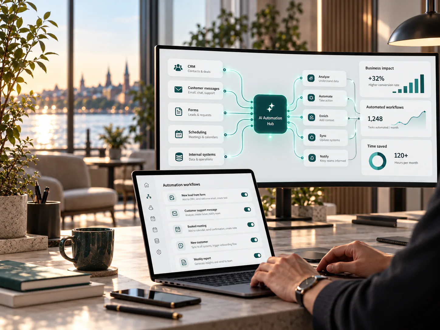 Företagsteam som arbetar med en AI-assistent för planering, analys och automation