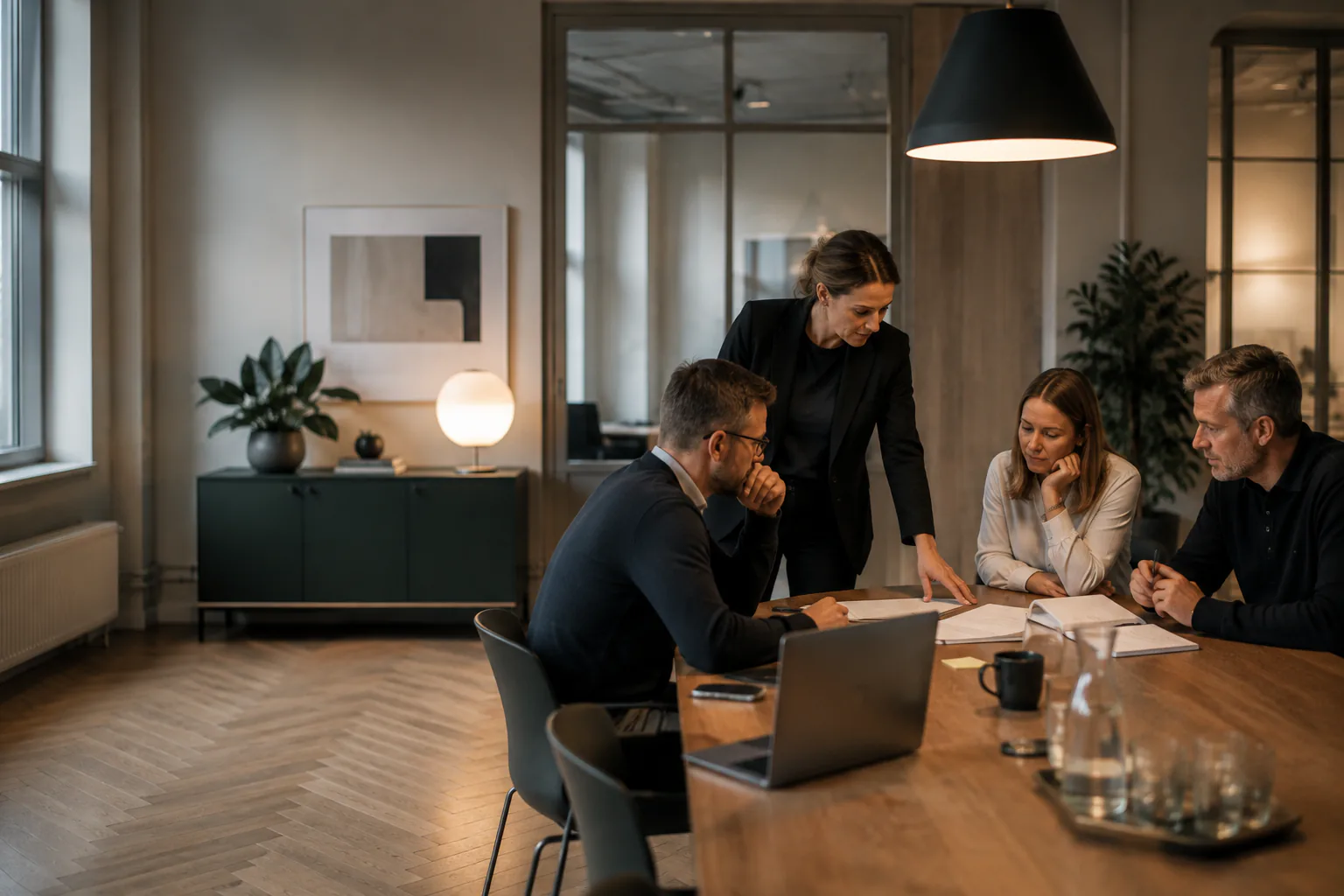 Skandinaviskt B2B-team som arbetar tillsammans i modern kontorsmiljö
