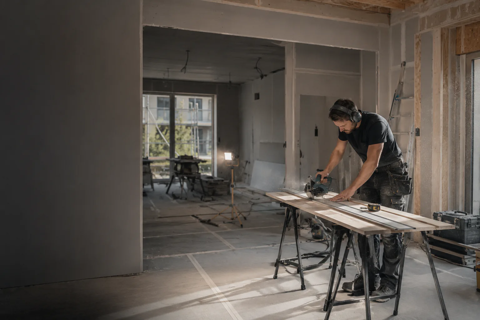 Skandinavisk hantverkare i arbete under renovering av modern fastighet