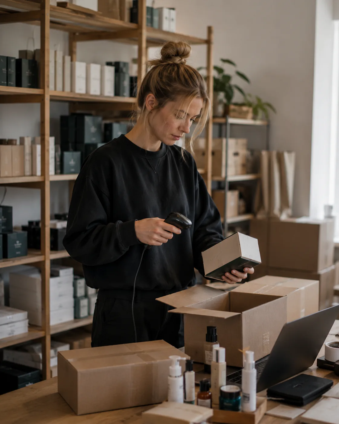 E-handelsmedarbetare som arbetar med order och produkter i lager