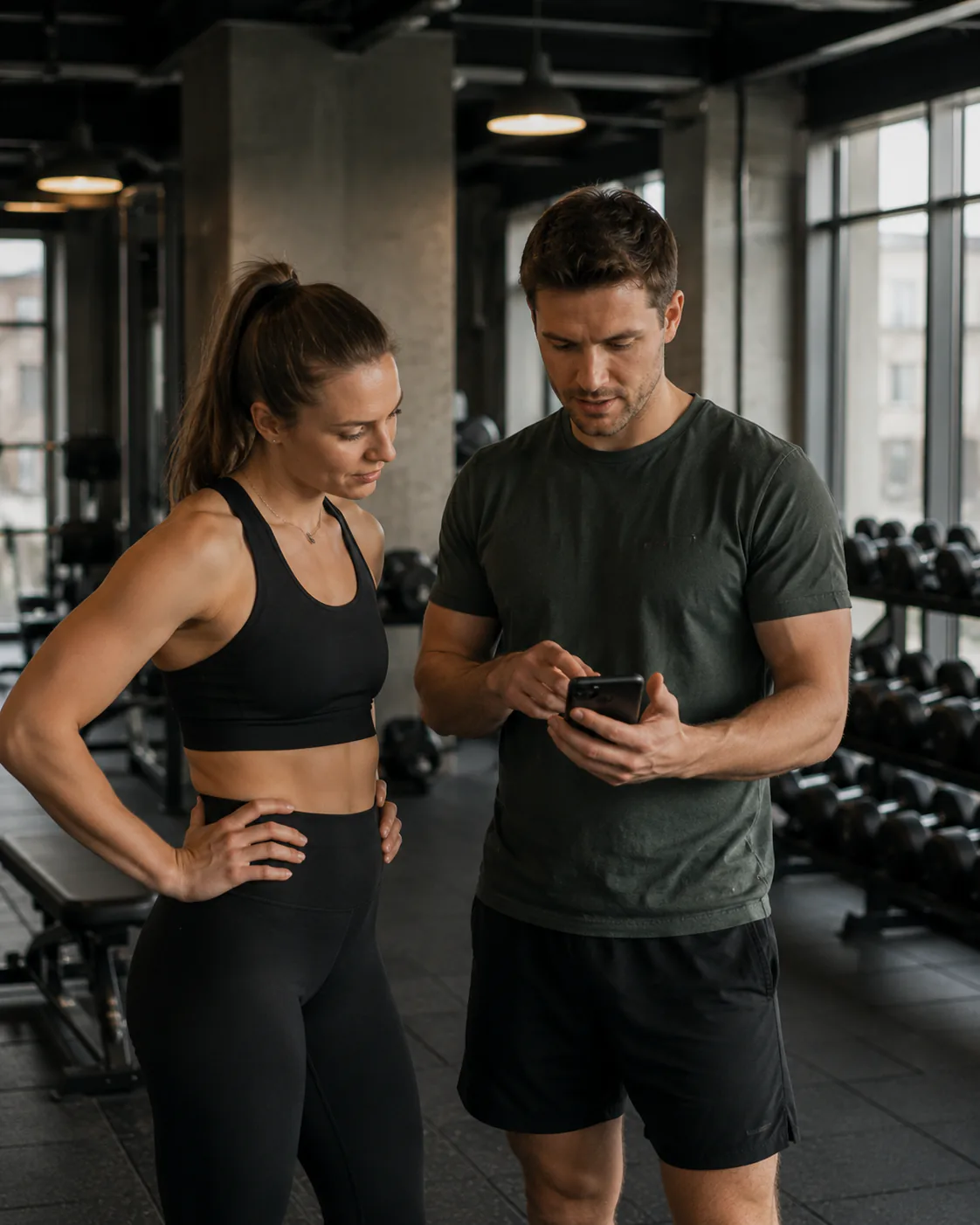 Tränare och medlem i modern gymmiljö under naturlig träningssession