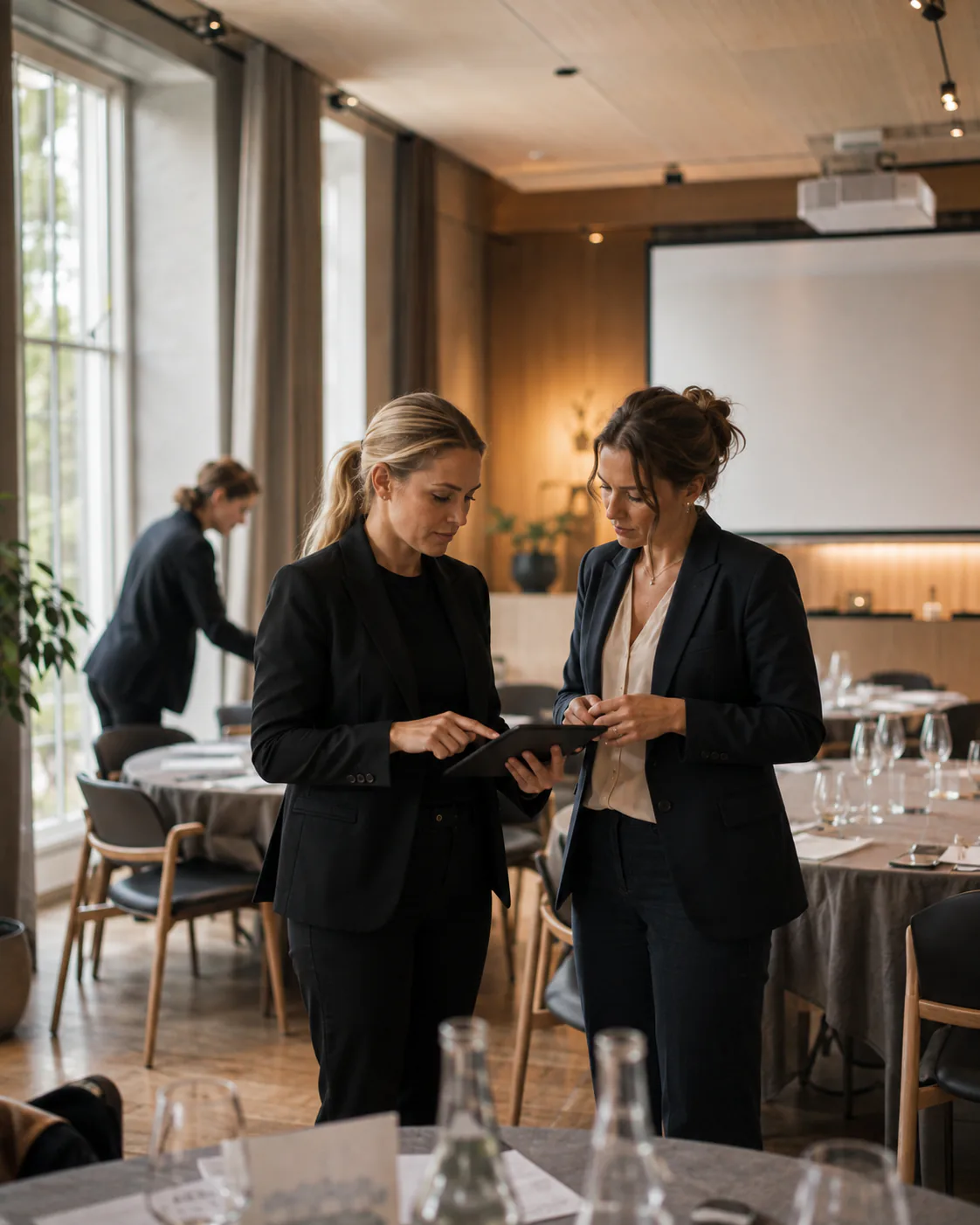 Hotellpersonal som förbereder och planerar en modern eventlokal