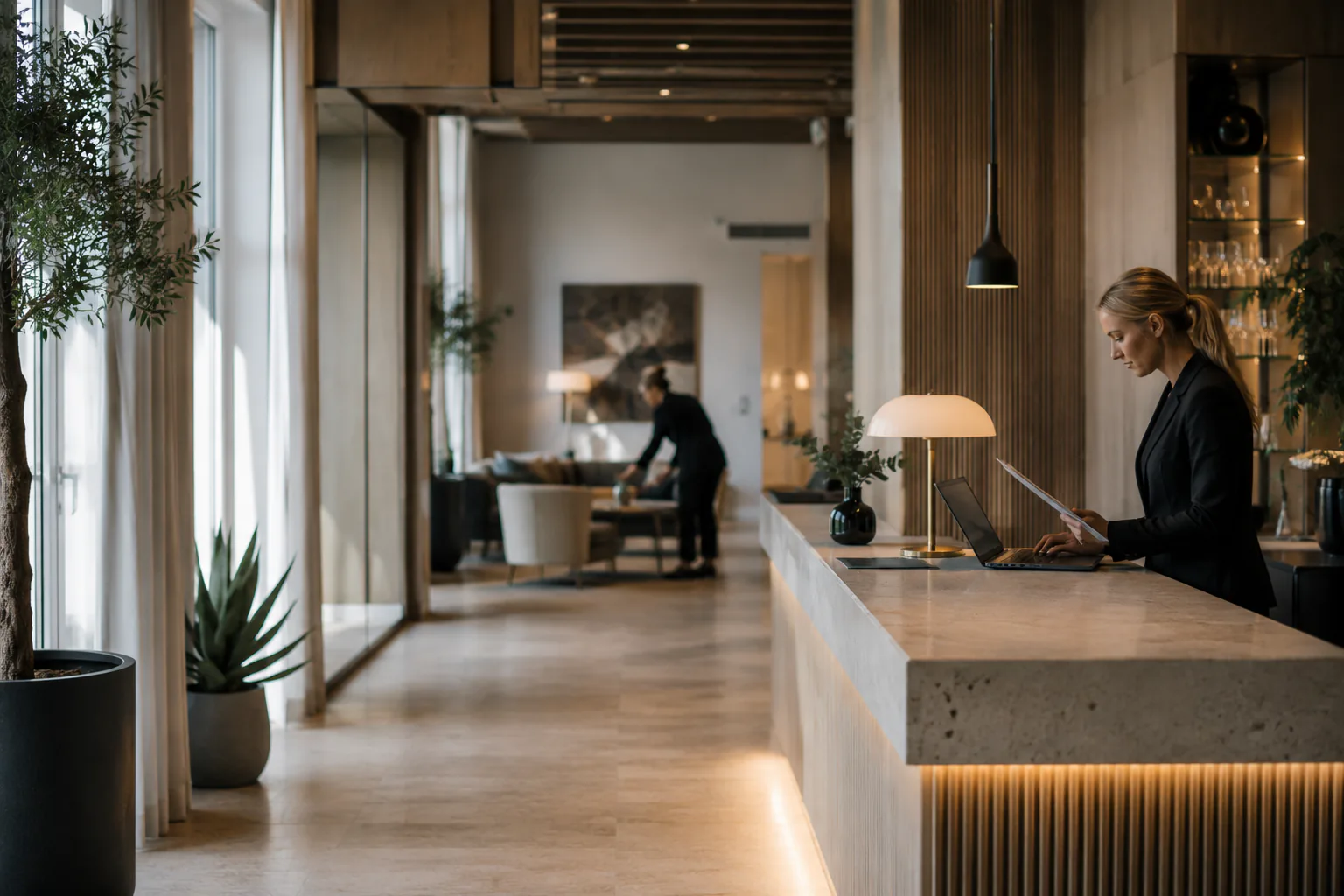 Modernt skandinaviskt boutiquehotell med personal i hotellmiljö
