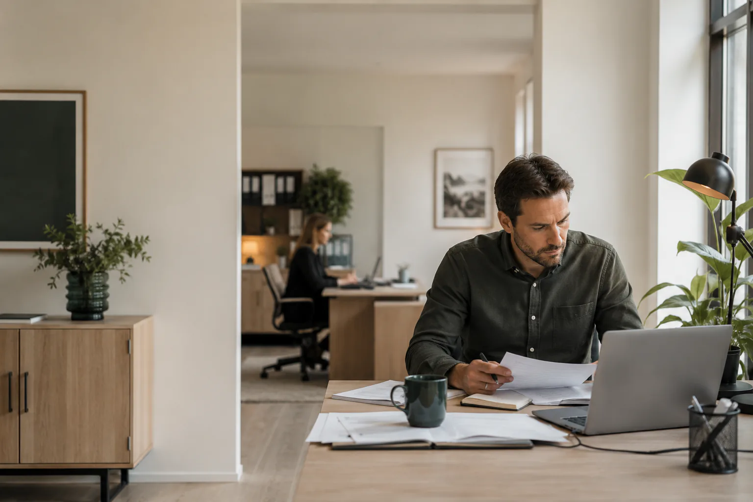 Skandinavisk redovisnings- och konsultmiljö med rådgivare i arbete