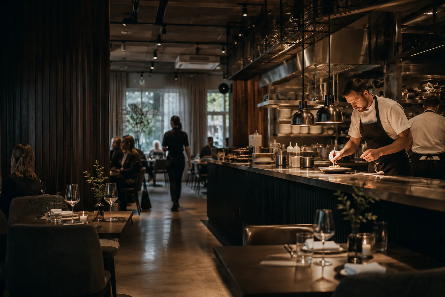 Modern skandinavisk restaurang under pågående service med personal i arbete
