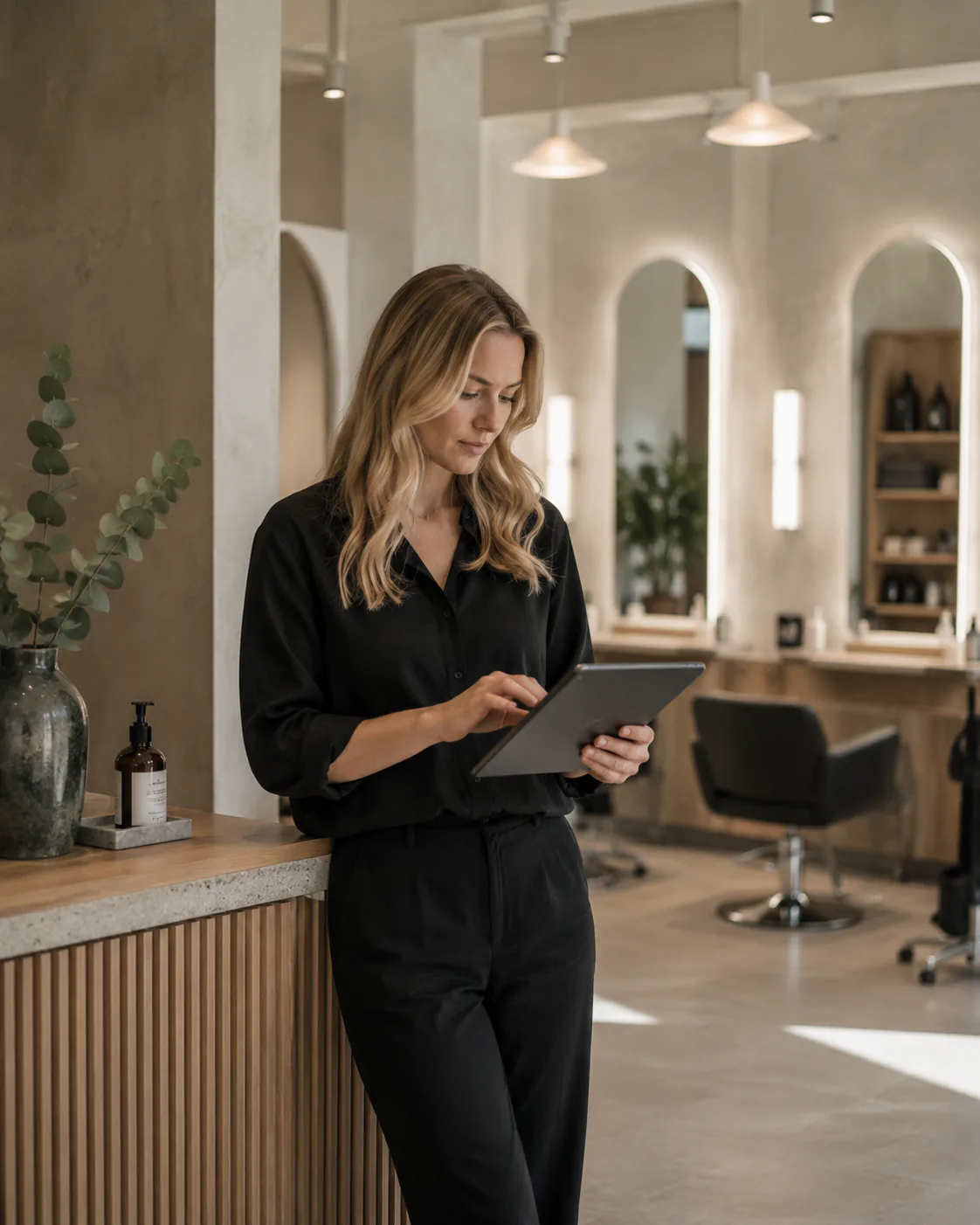 Salongsägare i modern reception som arbetar med dagens bokningar
