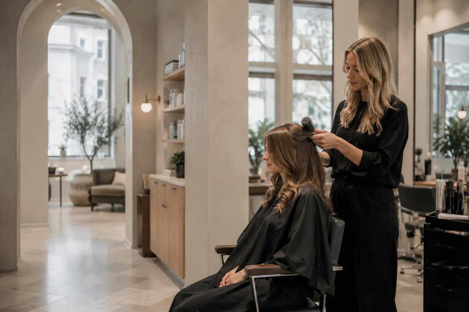 Premium skandinavisk salong med professionell stylist och kund