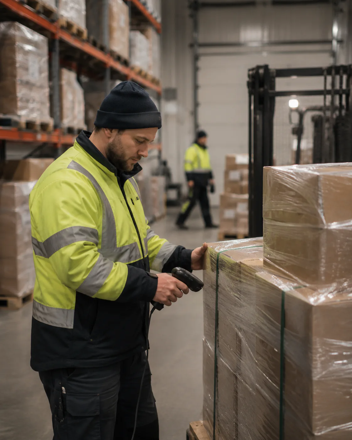 Logistikmedarbetare som arbetar med scanning och godsflöde i lager