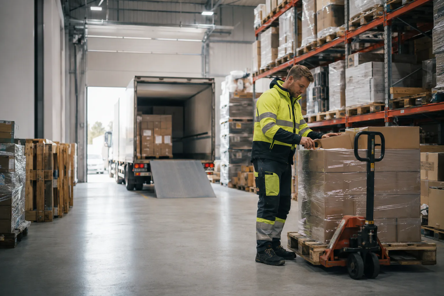 Modern skandinavisk logistikverksamhet med personal i distributionsmiljö