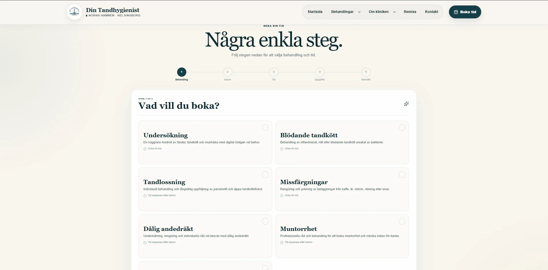 Förhandsvisning av Din Tandhygienists stegvisa bokningsflöde