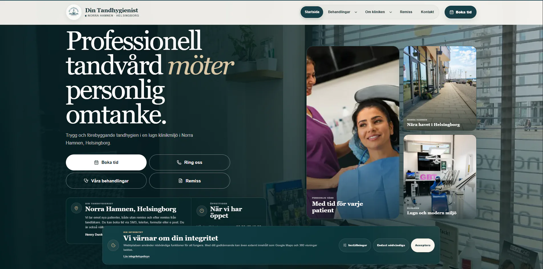 Förhandsvisning av den nya startsidan för Din Tandhygienist i Norra Hamnen