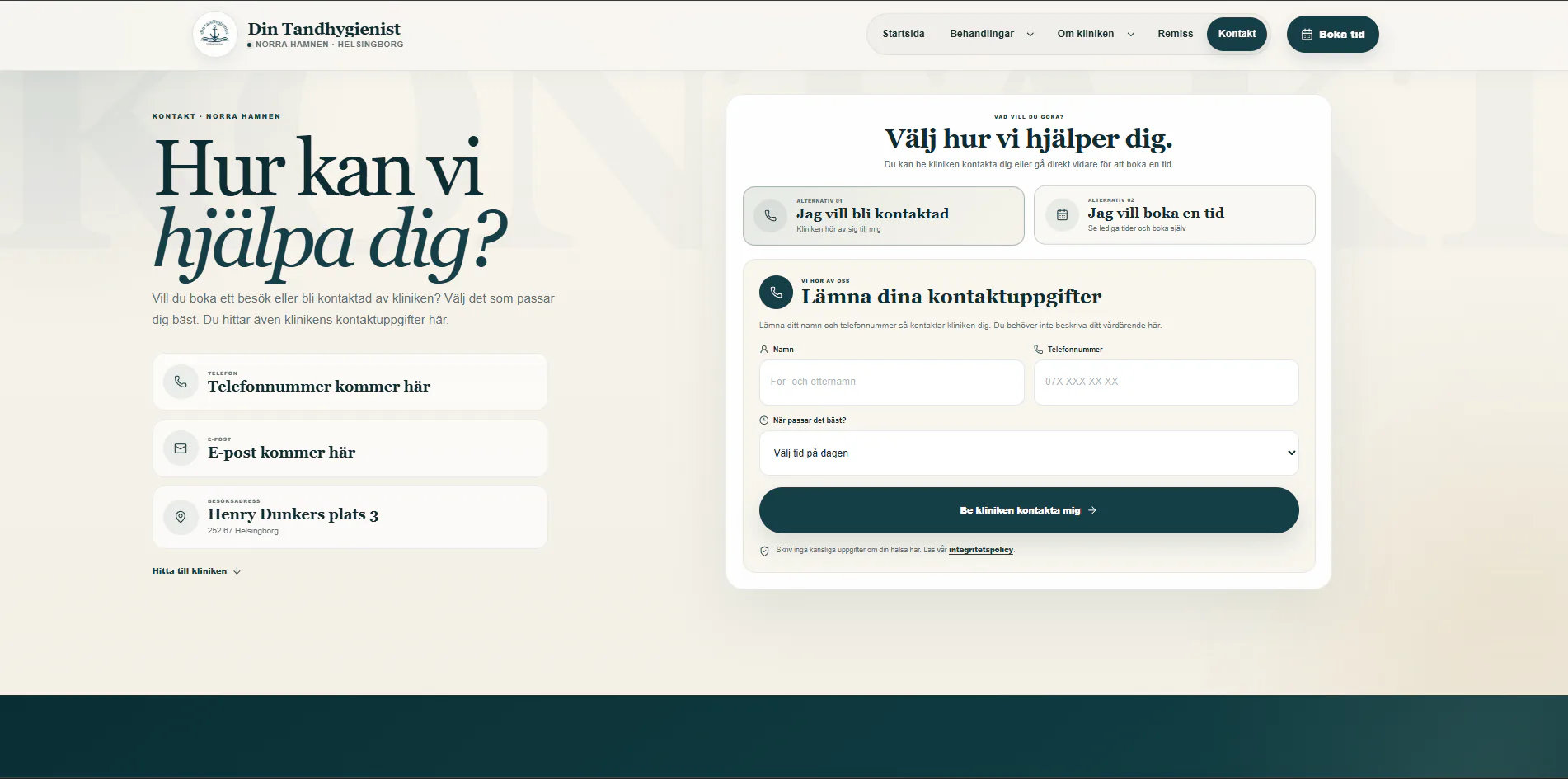 Förhandsvisning av kontaktsidan för Din Tandhygienist