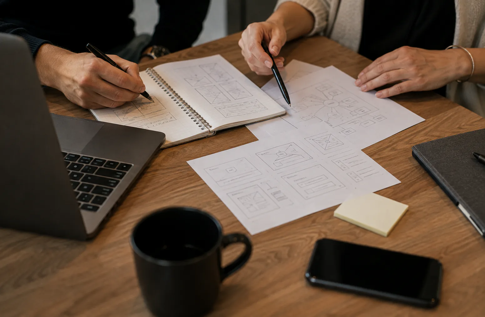 Planering av digitalt projekt med anteckningar och wireframes
