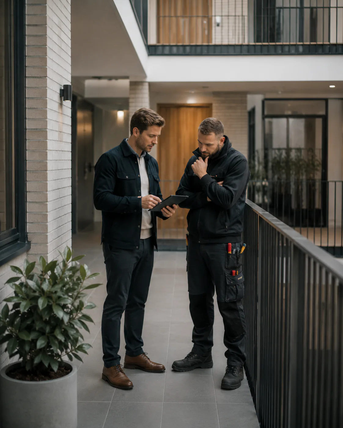 Fastighetsansvarig och servicetekniker som går igenom ett ärende tillsammans