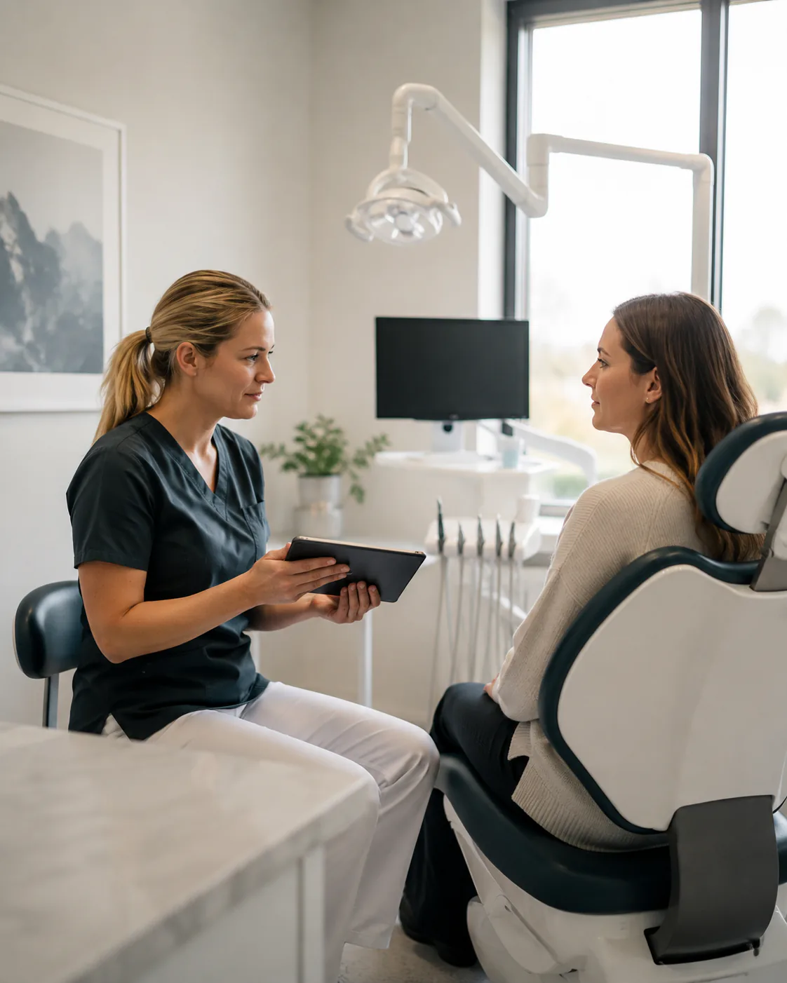 Tandvårdspersonal i lugn konsultation med patient på modern klinik