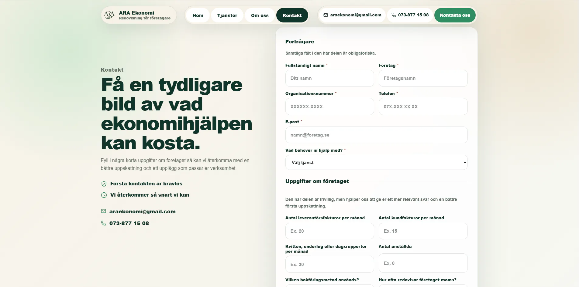 ARA Ekonomis kontaktformulär för nya företagsförfrågningar