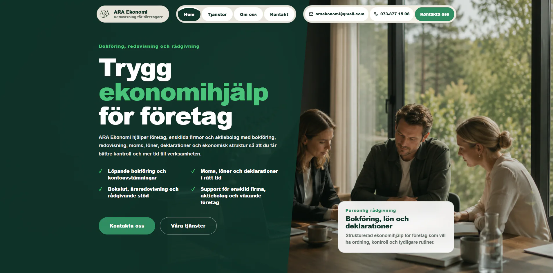 ARA Ekonomis startsida med ekonomitjänster och kontaktvägar