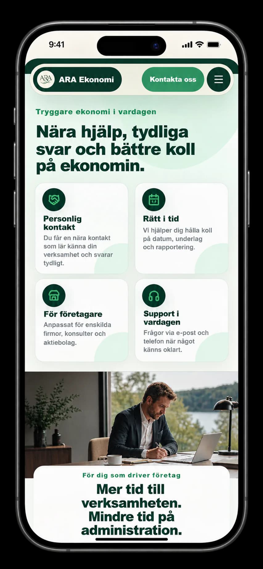 ARA Ekonomis mobilanpassade webbplats med tjänster och företagsinformation
