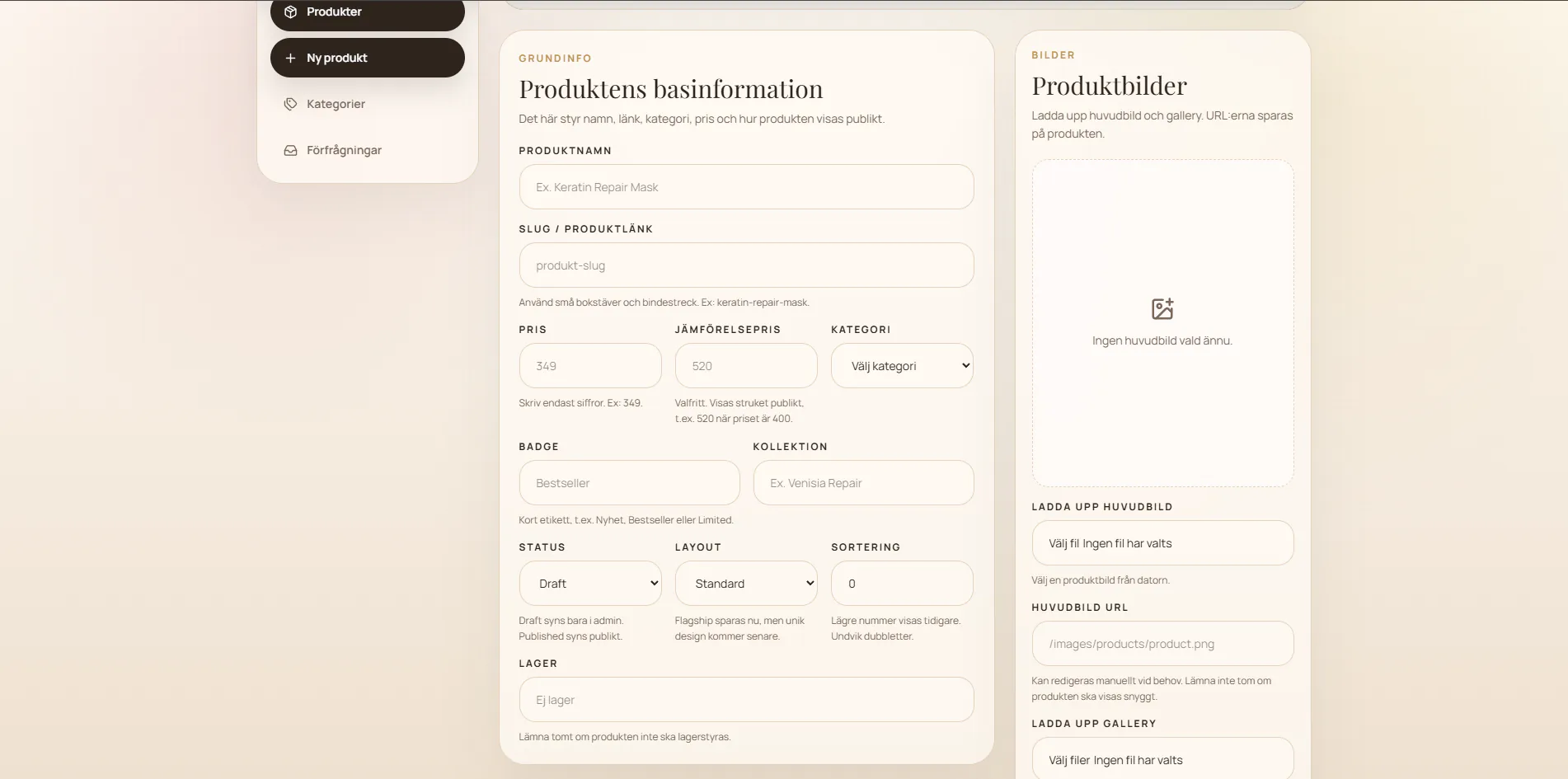 Venisias adminformulär för att skapa och redigera produkter
