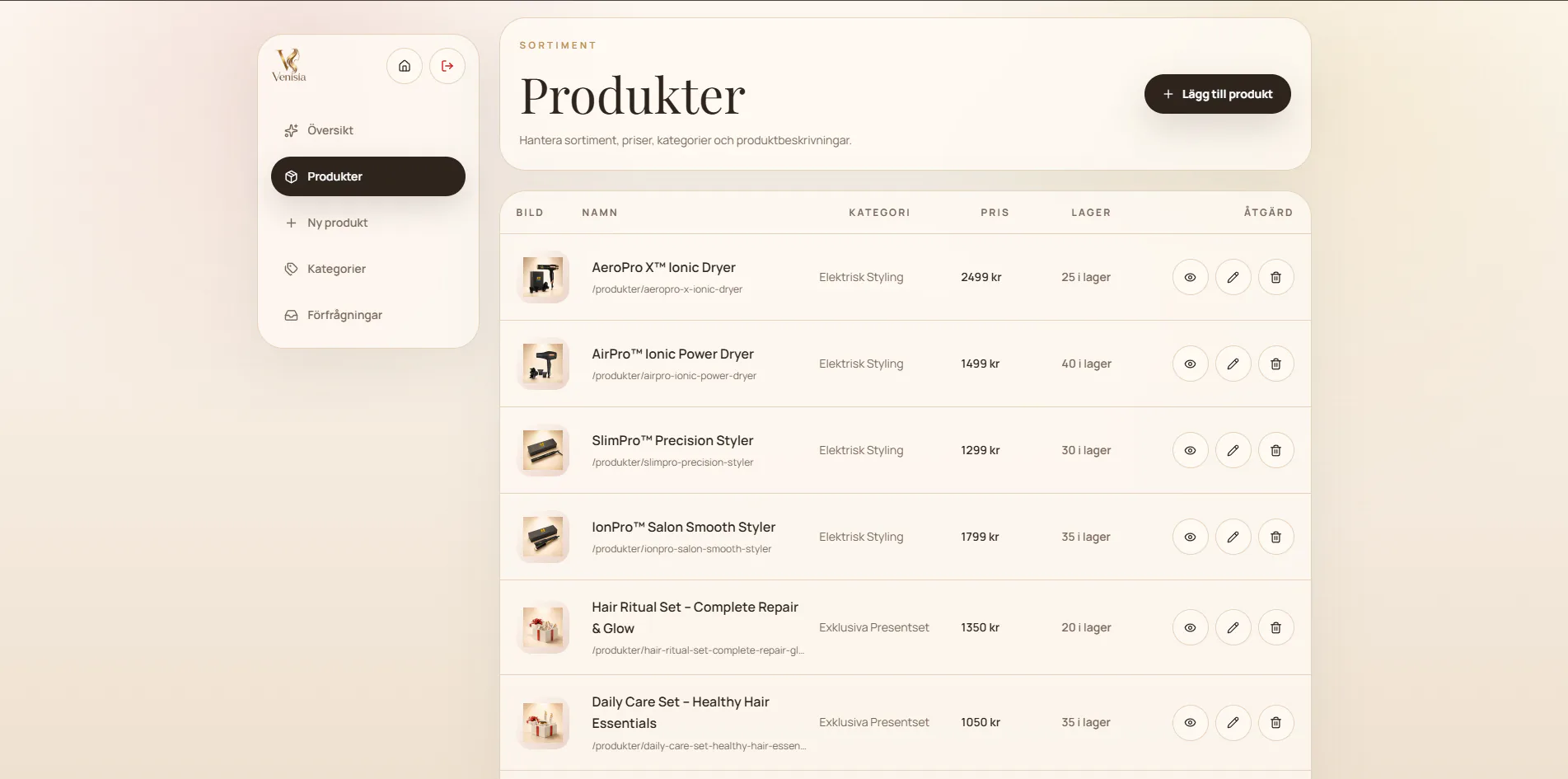 Venisias adminvy för produkter