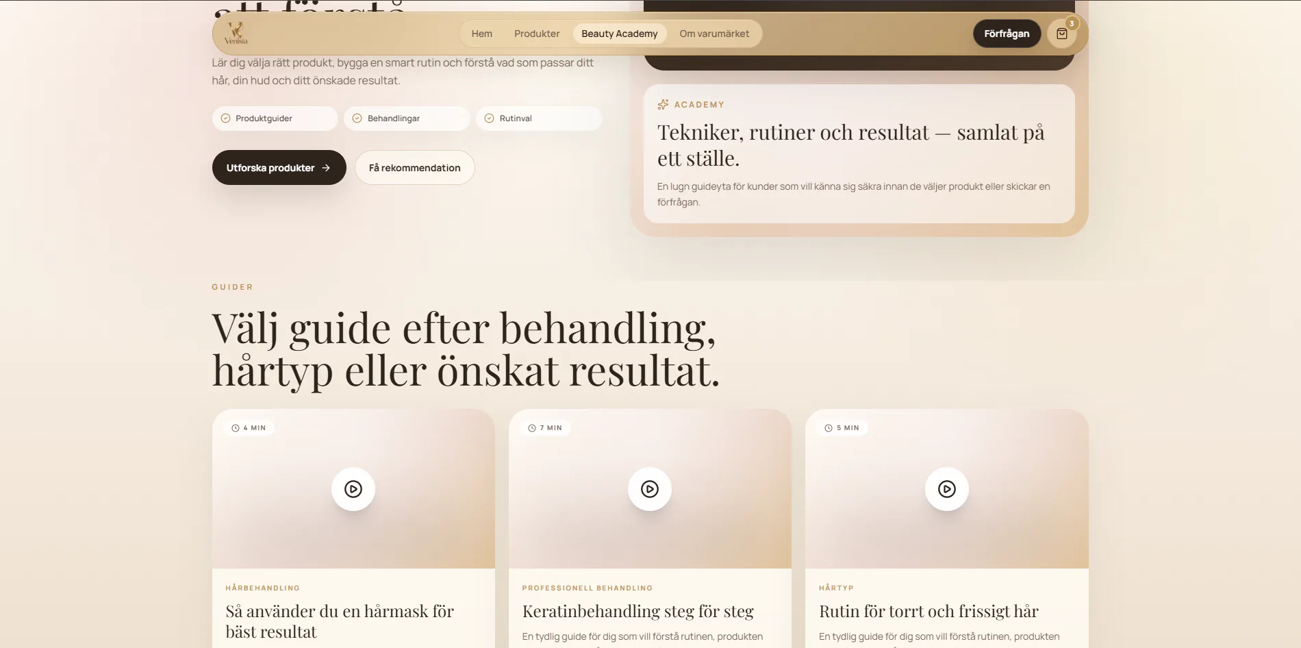 Venisia Beauty Academy med videoguider för behandling och hårtyp