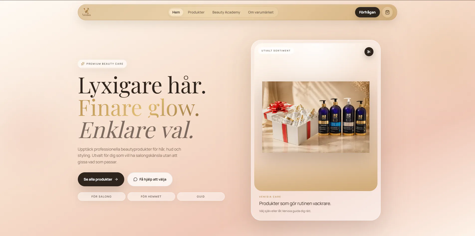 Venisias startsida med produktpresentation och navigation