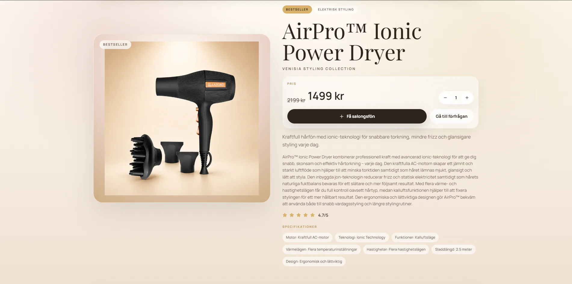 Venisia produktsida för AirPro Ionic Power Dryer