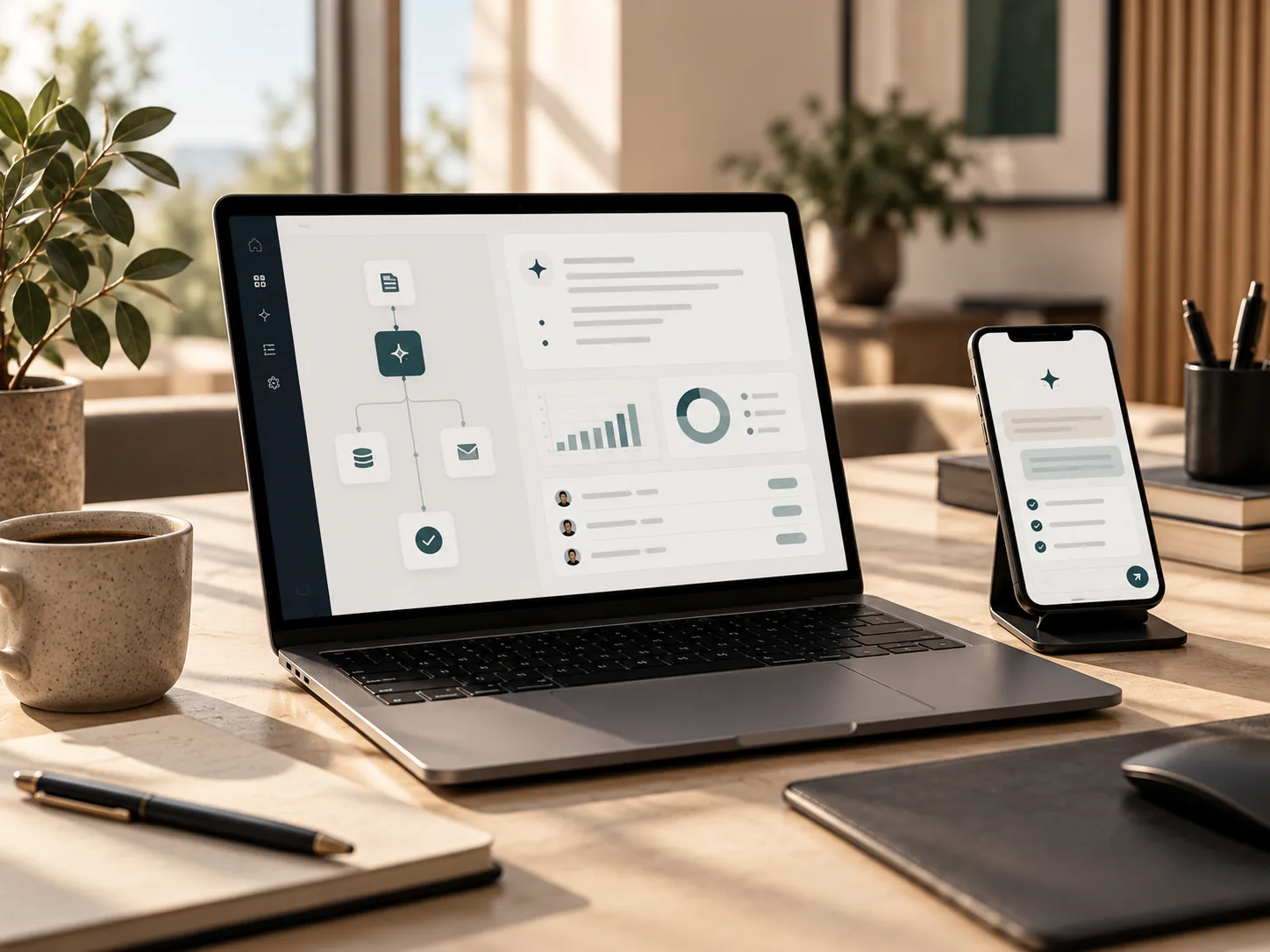 AI-baserat arbetsflöde och smarta digitala verktyg på dator och mobil