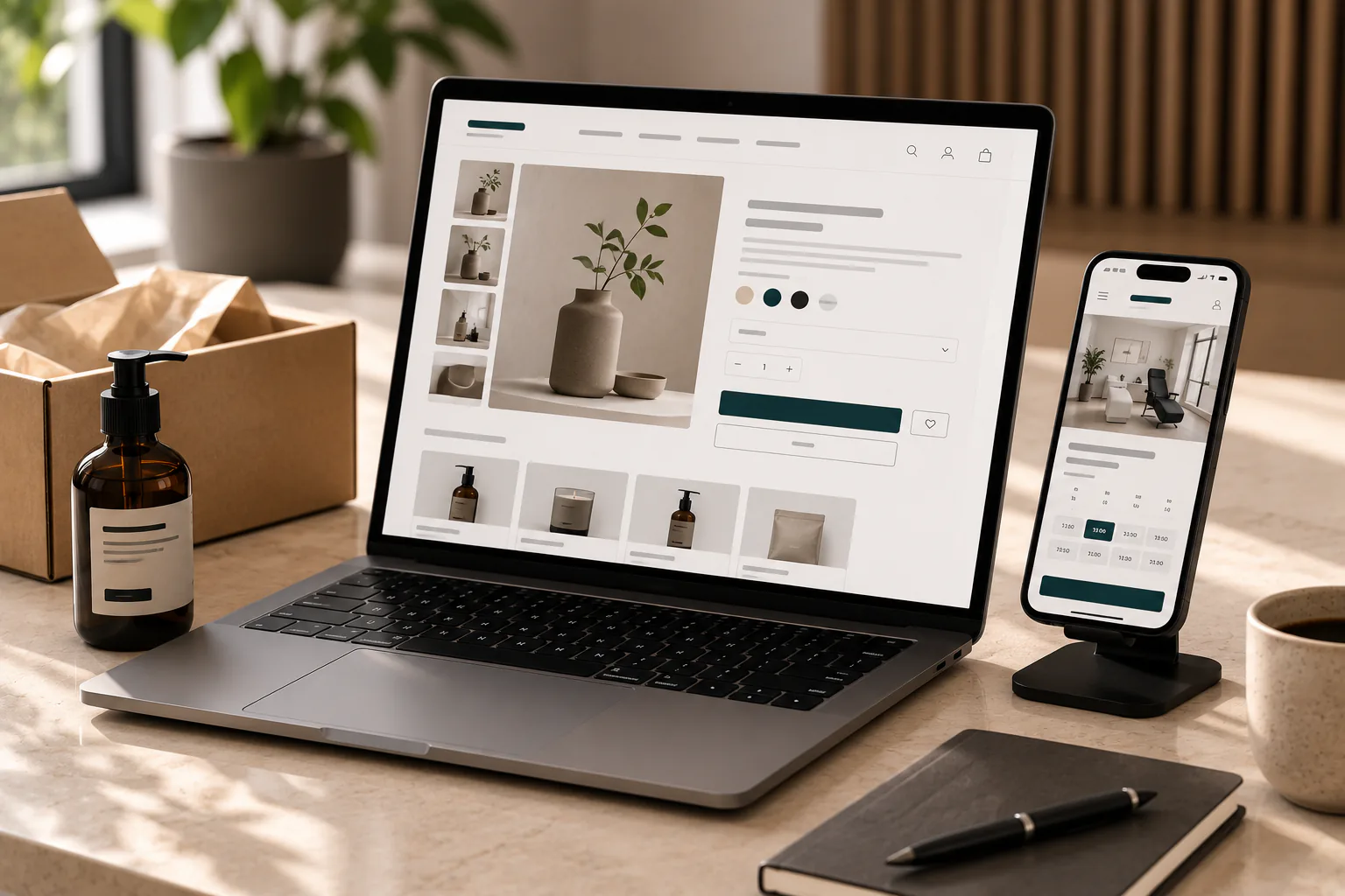 Webbshop och bokningslösning visad på dator och mobil